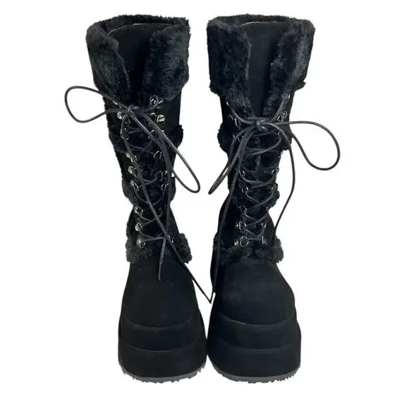 Demonia Bear-202 Black Faux Fur Vegan Suede Platform Boots Cyber Goth Size 6 NIB - Picture 13 of 13